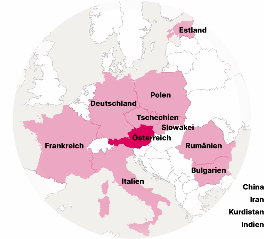 Landkarte mit Übersicht aller Länder Europas. Die Länder, aus denen die diesjährigen Künstler teilnehmen, sind farblich hervorgehoben.
