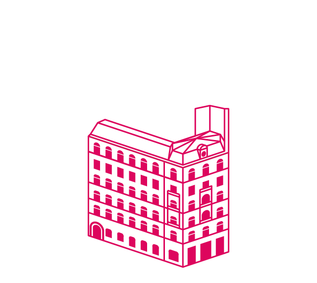 Illustration des Gebäudes im Stil eines Drahtgittermodells. Man sieht das bekannte Café Ritter und den Seiteneingang zur Parkside Gallery.