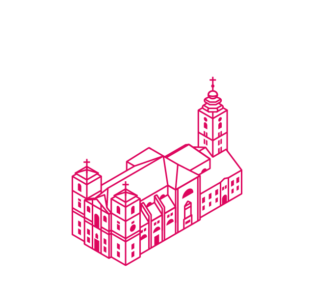 Illustration des vorderen Teils des Schottenstiftes mit der barocken Kirche und dem Prälatensaal im Stil eines Drahtgittermodells.